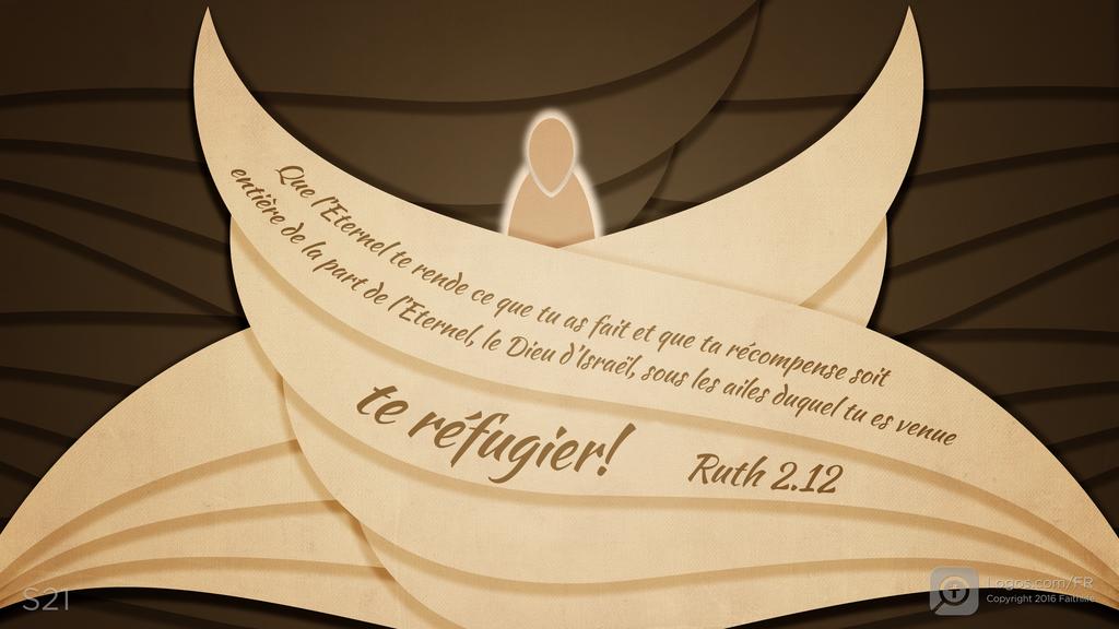 Ruth 2.12: Que l’Eternel te rende ce que tu as fait et que ta récompense soit entière de la part de l’Eternel, le Dieu d’Israël, sous les ailes duquel tu es venue te réfugier!