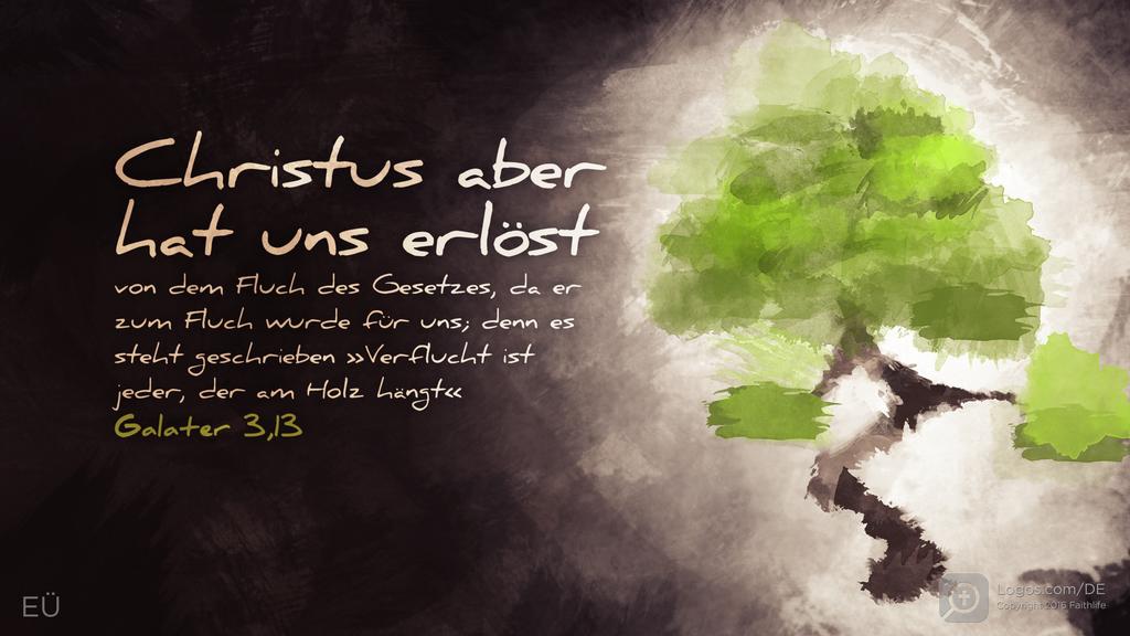 Galater 3,13: Christus aber hat uns erlöst von dem Fluch des Gesetzes, da er zum Fluch wurde für uns; denn es steht geschrieben »Verflucht ist jeder, der am Holz hängt«