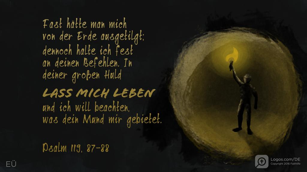 Psalm 119,87–88: Fast hätte man mich von der Erde ausgetilgt; dennoch halte ich fest an deinen Befehlen. In deiner großen Huld LASS MICH LEBEN und ich will beachten, was dein Mund mir gebietet.