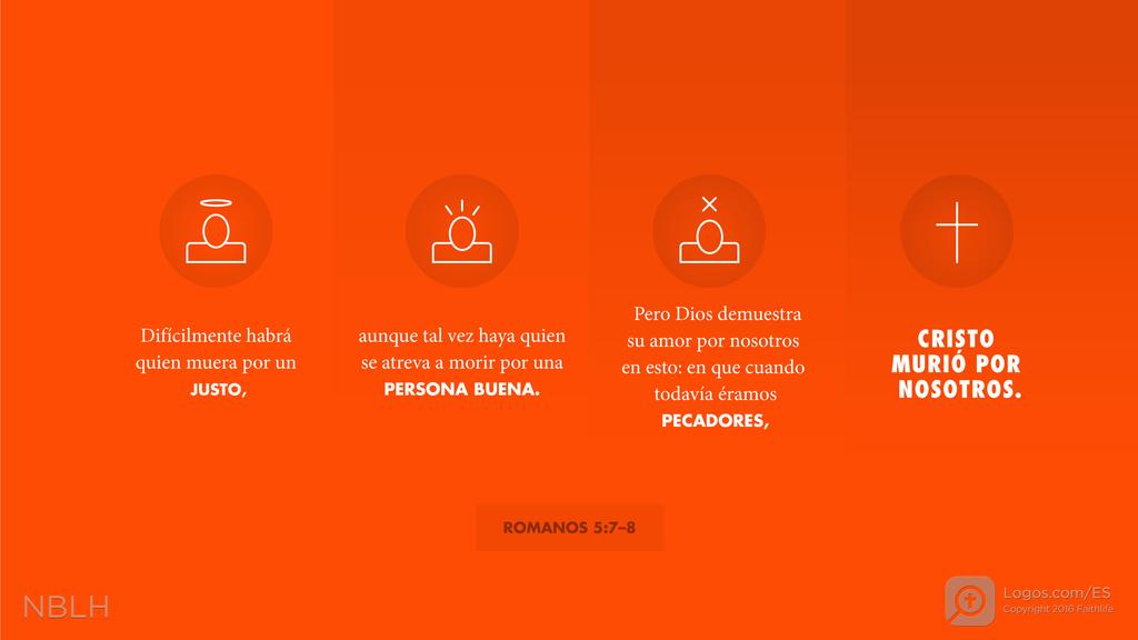 Romanos 5:7–8: Difícilmente habrá quien muera por un JUSTO, aunque tal vez haya quien se atreva a morir por una PERSONA BUENA. Pero Dios demuestra su amor por nosotros en esto: en que cuando todavía éramos PECADORES, CRISTO MURIÓ POR NOSOTROS.