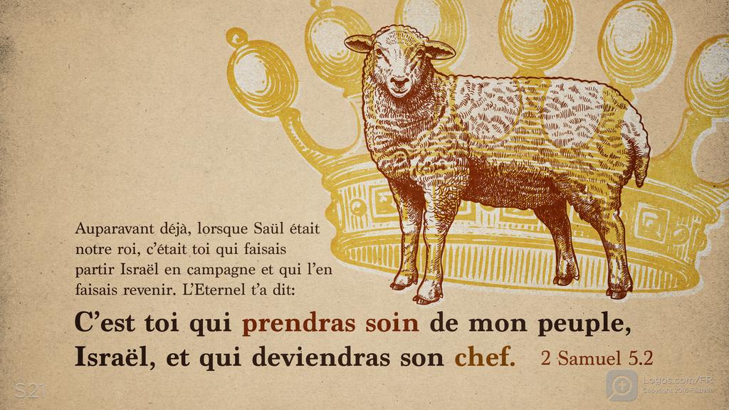 2 Samuel 5.2: Auparavant déjà, lorsque Saül était notre roi, c’était toi qui faisais partir Israël en campagne et qui l’en faisais revenir. L’Eternel t’a dit: C’est toi qui prendras soin de mon peuple, Israël, et qui deviendras son chef.