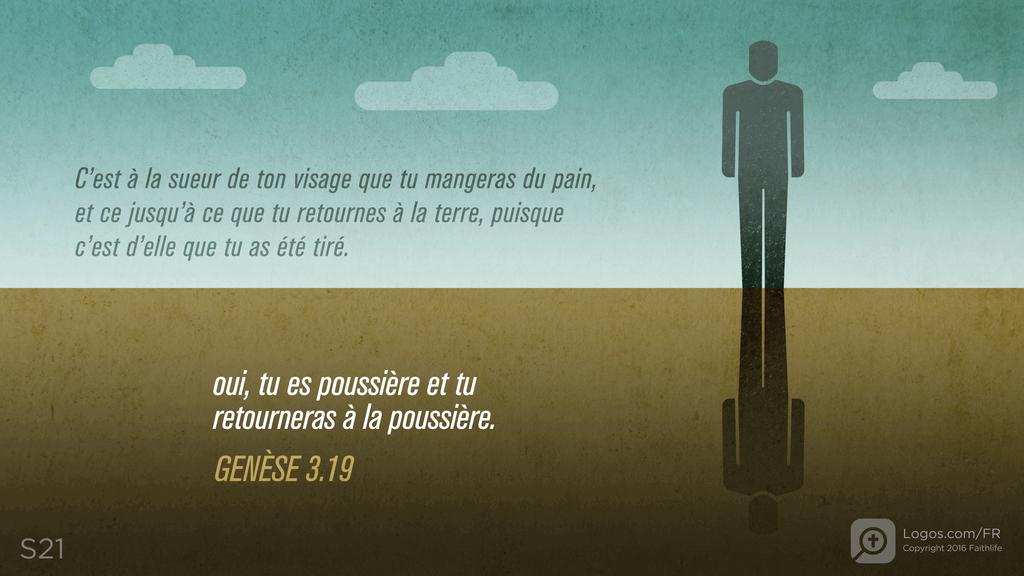 Genèse 3.19: C’est à la sueur de ton visage que tu mangeras du pain, et ce jusqu’à ce que tu retournes à la terre, puisque c’est d’elle que tu as été tiré. Oui, tu es poussière et tu retourneras à la poussière.