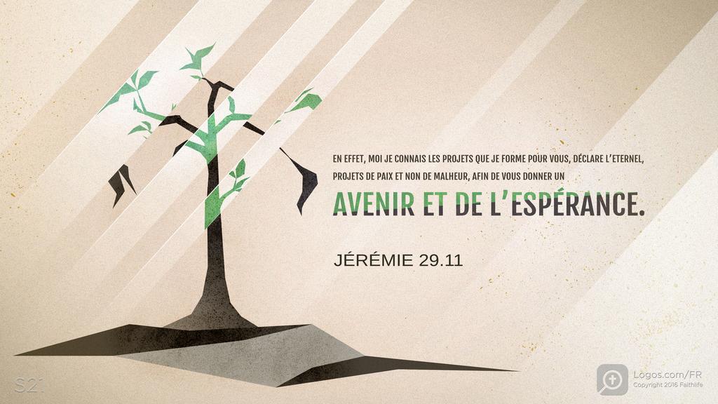Jérémie 29.11: EN EFFET, MOI JE CONNAIS LES PROJETS QUE JE FORME POUR VOUS, DÉCLARE L’ETERNEL, PROJETS DE PAIX ET NON DE MALHEUR, AFIN DE VOUS DONNER UN AVENIR ET DE L’ESPÉRANCE.