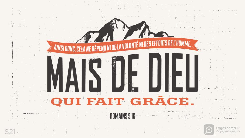 Romains 9.16: AINSI DONC, CELA NE DÉPEND NI DE LA VOLONTÉ NI DES EFFORTS DE L’HOMME, MAIS DE DIEU QUI FAIT GRÂCE.