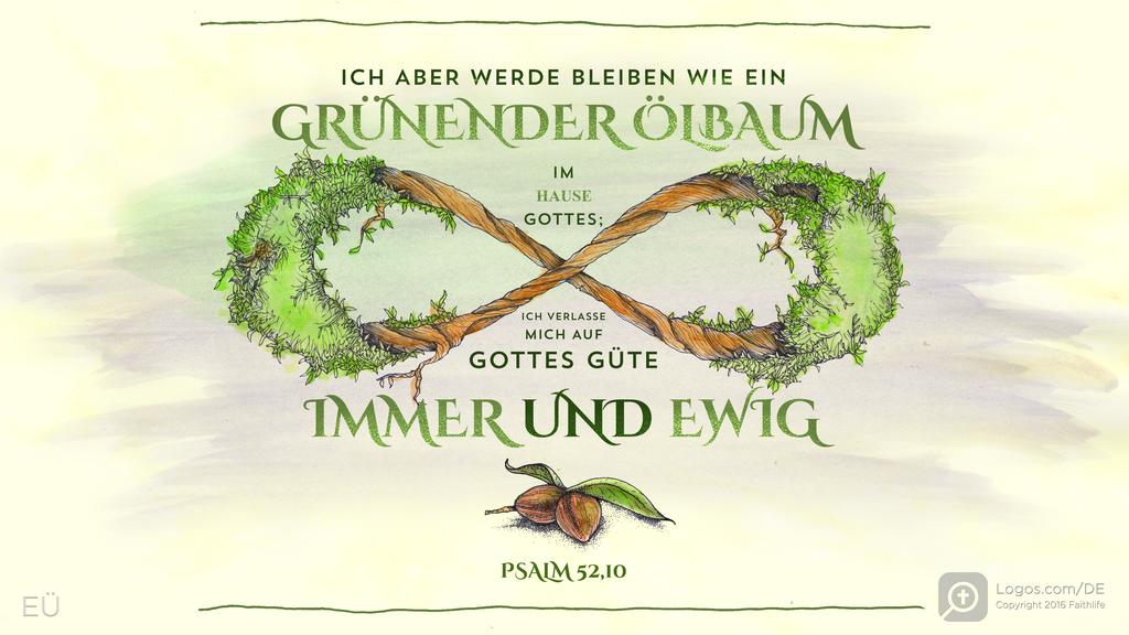 Psalm 52,8: ICH ABER WERDE BLEIBEN WIE EIN GRÜNENDER ÖLBAUM IM HAUSE GOTTES; ICH VERLASSE MICH AUF GOTTES GÜTE IMMER UND EWIG