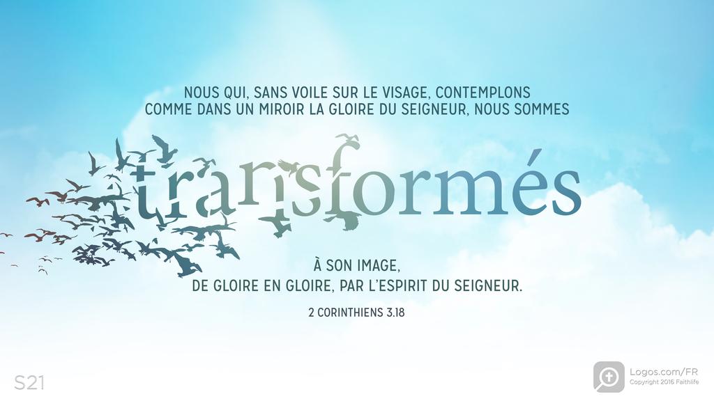 2 Corinthiens 3.18: NOUS QUI, SANS VOILE SUR LE VISAGE, CONTEMPLONS COMME DANS UN MIROIR LA GLOIRE DU SEIGNEUR, NOUS SOMMES transformés À SON IMAGE, DE GLOIRE EN GLOIRE, PAR L’ESPIRIT DU SEIGNEUR.