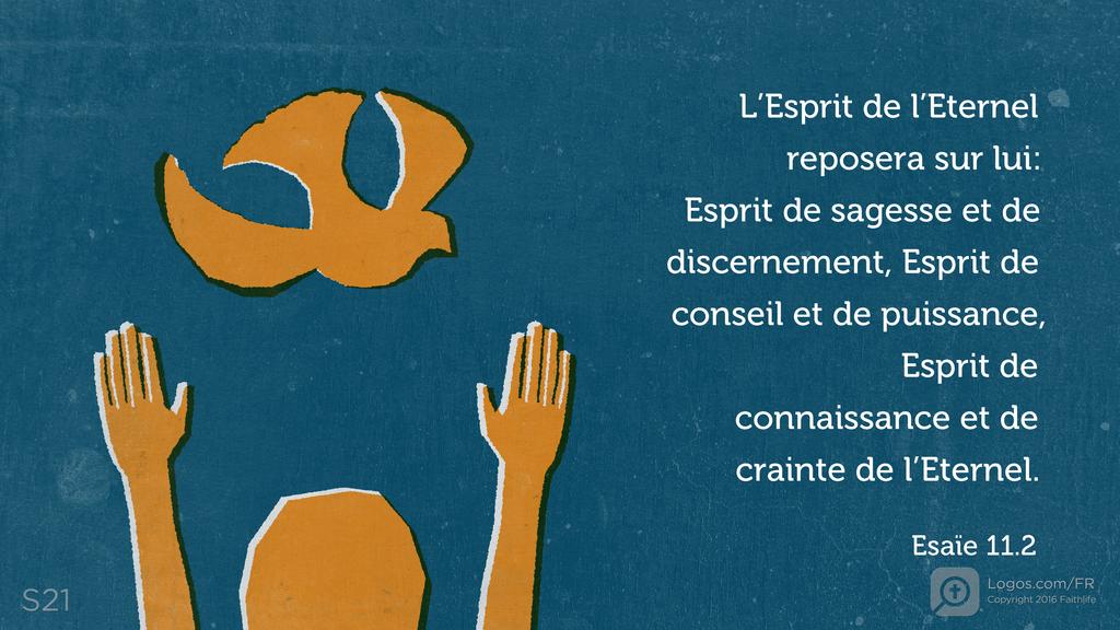 Ésaïe 11.2: L’Esprit de l’Eternel reposera sur lui: Esprit de sagesse et de discernement, Esprit de conseil et de puissance, Esprit de connaissance et de crainte de l’Eternel.
