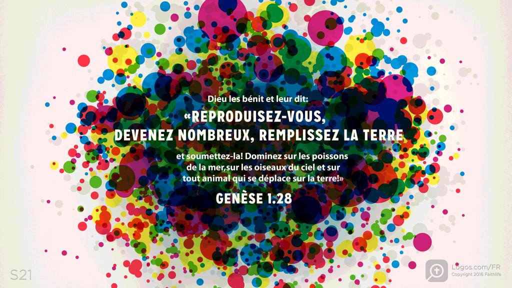 Genèse 1.28: Dieu les bénit et leur dit: «REPRODUISEZ-VOUS, DEVENEZ-VOUS, DEVENEZ NOMBREUX, REMPLISSEZ LA TERRE et soumettez-la! Dominez sur les poissons de la mer, sur les oiseaux du ciel et sur tout animal qui se déplace sur la terre!»