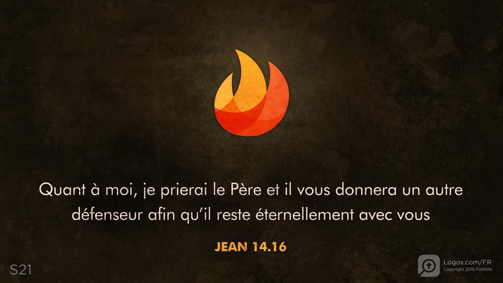 Jean 14.16: Quant à moi, je prierai le Père et il vous donnera un autre défenseur afin qu’il reste éternellement avec vous
