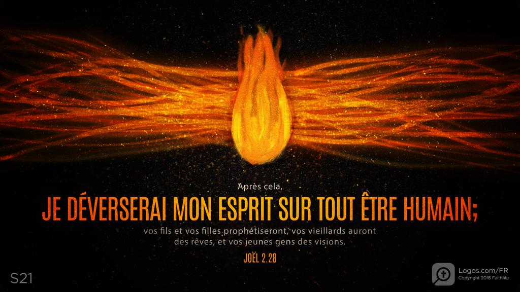 Joël 2.28: Après cela, JE DÉVERSERAI MON ESPRIT SUR TOUT ÊTRE HUMAIN; vos fils et vos filles prophétiseront, vos vieillards auront des rêves, et vos jeunes gens des visions.