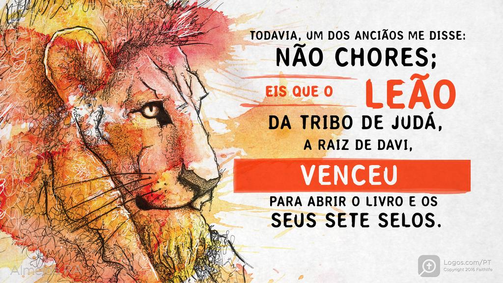 Apocalipse 5.5: TODAVIA, UM DOS ANCIÃOS ME DISSE: NÃO CHORES; EIS QUE O LEÃO DA TRIBO DE JUDÁ, A RAIZ DE DAVI, VENCEU PARA ABRIR O LIVRO E OS SEUS SETE SELOS.