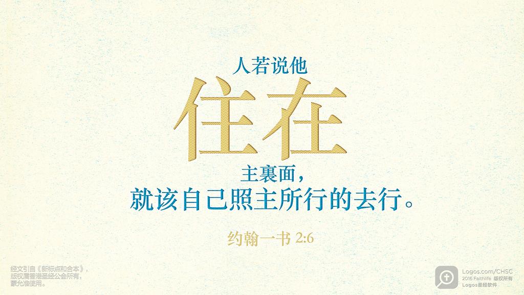 约翰一书 2：6: 人若说他住在主裏面，就该自己照主所行的去行。
