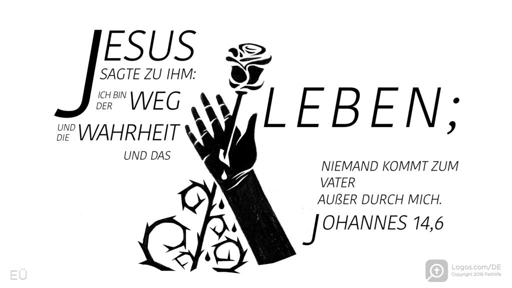 Johannes 14,6: JESUS SAGTE ZU IHM: ICH BIN DER WEG UND DIE WAHRHEIT UND DAS LEBEN; NIEMAND KOMMT ZUM VATER AUßER DURCH MICH.