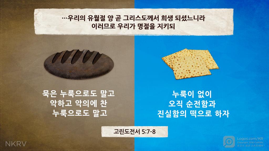 고린도전서 5:7–8: …우리의 유월절 양 곧 그리스도께서 희생되셨느니라 이러므로 우리가 명절을 지키되 묵은 누룩으로도 말고 악하고 악의에 찬 누룩으로도 말고 누룩이 없이 오직 순전함과 진실함의 떡으로 하자