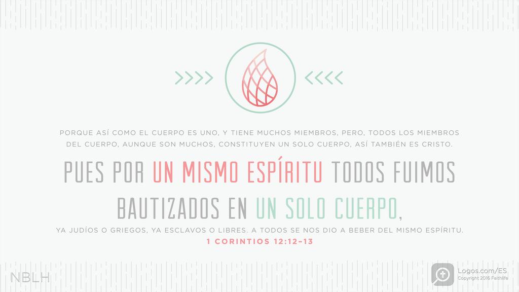 1 Corintios 12:12–13: PORQUE ASÍ COMO EL CUERPO ES UNO, Y TIENE MUCHOS MIEMBROS, PERO, TODOS LOS MIEMBROS DEL CUERPO, AUNQUE SON MUCHOS, CONSTITUYEN UN SOLO CUERPO, ASÍ TAMBIÉN ES CRISTO. PUES POR UN MISMO ESPÍRITU TODOS FUIMOS BAUTIZADOS EN UN SOLO CUERPO, YA JUDÍOS O GRIEGOS, YA ESCLAVOS O LIBRES. A TODOS SE NOS DIO A BEBER DEL MISMO ESPÍRITU.