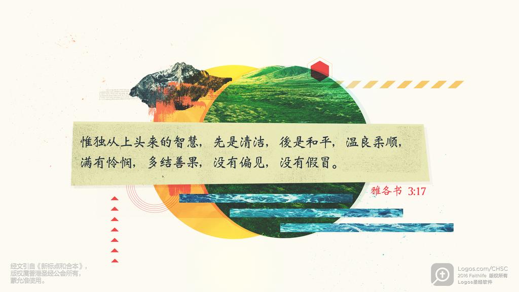雅各书 3：17: 惟独从上头来的智慧，先是清洁，後是和平，温良柔顺，满有怜悯，多结善果，没有偏见，没有假冒。