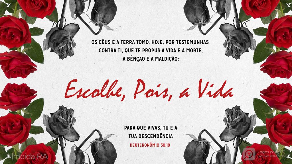 Deuteronômio 30.19: OS CÉUS E A TERRA TOMO, HOJE, POR TESTEMUNHAS CONTRA TI, QUE TE PROPUS A VIDA E A MORTE, A BÊNÇÃO E A MALDIÇÃO; Escolhe, Pois, a Vida PARA QUE VIVAS, TU E A TUA DESCENDÊNCIA