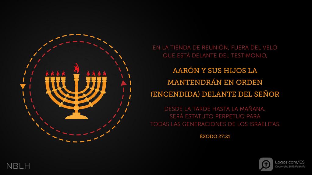 Éxodo 27:21: EN LA TIENDA DE REUNIÓN, FUERA DEL VELO QUE ESTÁ DELANTE DEL TESTIMONIO, AARÓN Y SUS HIJOS LA MANTENDRÁN EN ORDEN (ENCENDIDA) DELANTE DEL SEÑOR DESDE LA TARDE HASTA LA MAÑANA. SERÁ ESTATUTO PERPETUO PARA TODAS LAS GENERACIONES DE LOS ISRAELITAS.