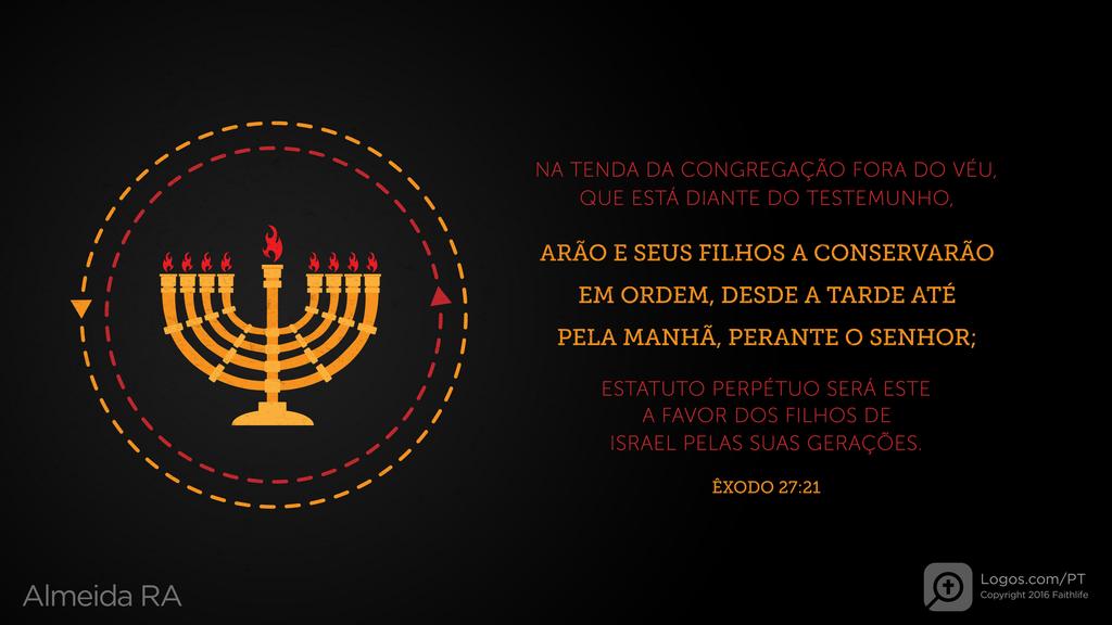 Êxodo 27.21: NA TENDA DA CONGREGAÇÃO FORA DO VÉU, QUE ESTÁ DIANTE DO TESTEMUNHO, ARÃO E SEUS FILHOS A CONSERVARÃO EM ORDEM, DESDE A TARDE ATÉ PELA MANHÃ, PERANTE O SENHOR; ESTATUTO PERPÉTUO SERÁ ESTE A FAVOR DOS FILHOS DE ISRAEL PELAS SUAS GERAÇÕES.