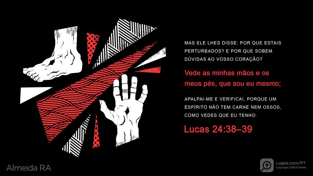 Lucas 24.38–39: MAS ELE LHES DISSE: POR QUE ESTAIS PERTURBADOS? E POR QUE SOBEM DÚVIDAS AO VOSSO CORAÇÃO? Vede as minhas mãos e os meus pés, que sou eu mesmo; APALPAI-ME E VERIFICAI, PORQUE UM ESPÍRITO NÃO TEM CARNE NEM OSSOS, COMO VEDES QUE EU TENHO.
