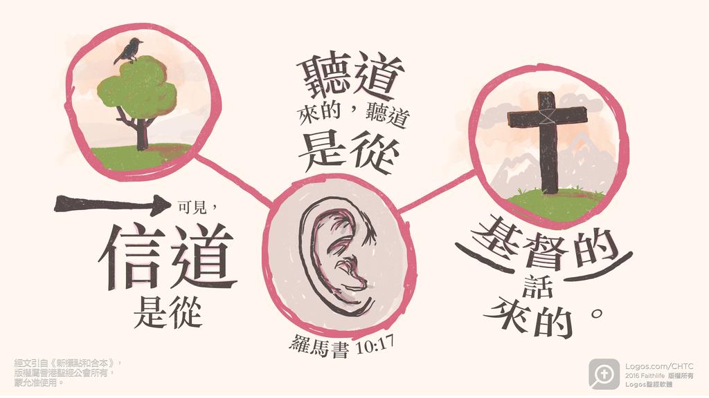 羅馬書 10：17: 可見，信道是從聽道來的，聽道是從基督的話來的。