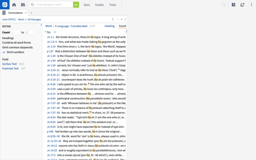 Logos Bible Software is open on a desktop computer. A single panel is open, covering half of the screen. It's showing a concordance with entries related to a certain Greek word.