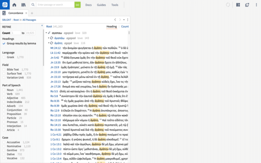 Logos Bible Software is open on a desktop computer. A single panel is open, covering half of the screen. It's showing a concordance that has its entries grouped by root words.