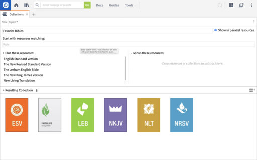 Logos desktop software is open on a computer. A single pane is open to the user’s Collections. The Collection that’s open is called Favorite Bibles, and includes 6 different translations. 