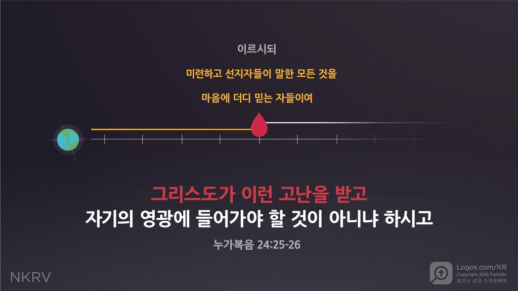 누가복음 24:25–26: 이르시되 미련하고 선지자들이 말한 모든 것을 마음에 더디 믿는 자들이여 그리스도가 이런 고난을 받고 자기의 영광에 들어가야 할 것이 아니냐 하시고