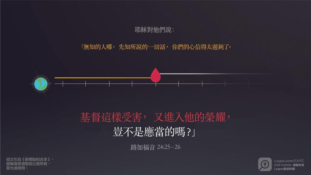 路加福音 24：25–26: 耶穌對他們說：「無知的人哪，先知所說的一切話，你們的心信得太遲鈍了。基督這樣受害，又進入他的榮耀，豈不是應當的嗎？」