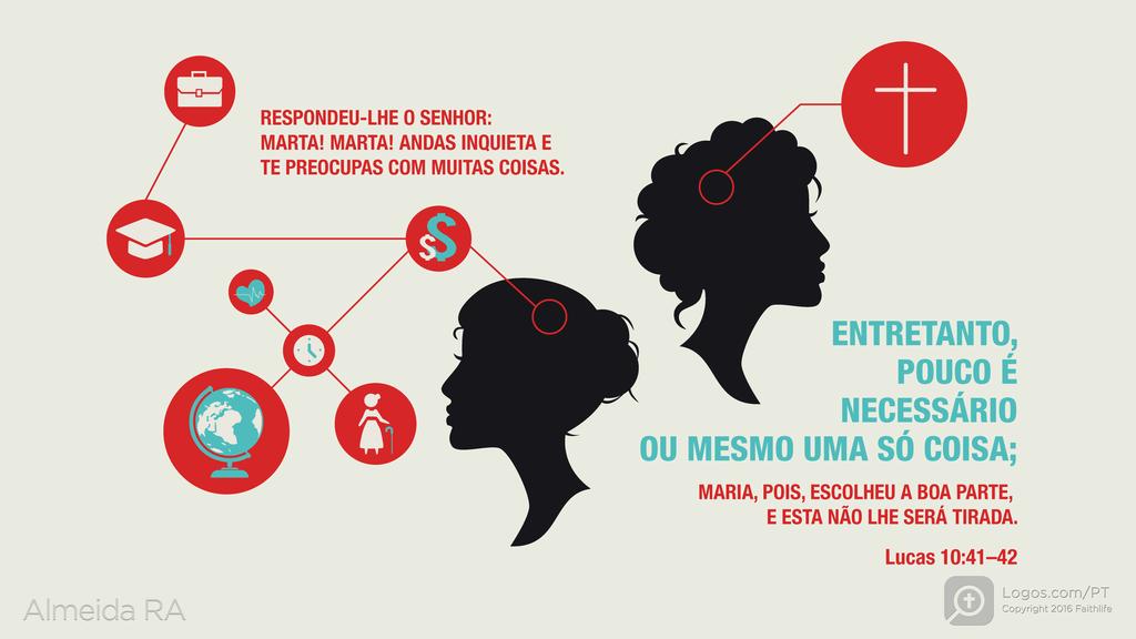 Lucas 10.41–42: RESPONDEU-LHE O SENHOR: MARTA! MARTA! ANDAS INQUIETA E TE PREOCUPAS COM MUITAS COISAS. ENTRETANTO, POUCO É NECESSÁRIO OU MESMO UMA SÓ COISA; MARIA, POIS, ESCOLHEU A BOA PARTE, E ESTA NÃO LHE SERÁ TIRADA.