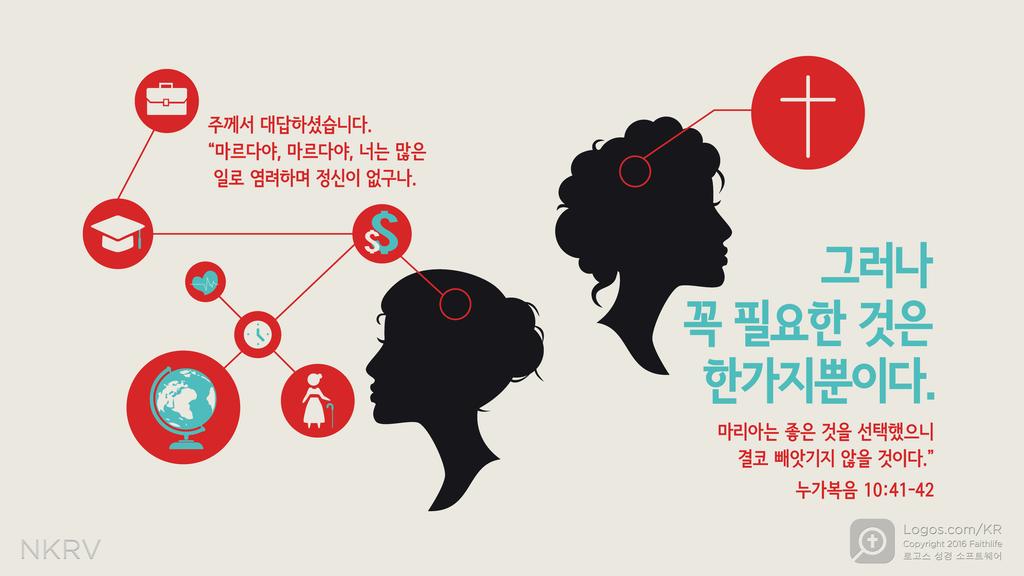 누가복음 10:41–42: 주께서 대답하셨다. “마르다야, 마르다야, 너는 많은 일로 염려하며 정신이 없구나. 그러나 꼭 필요한것은 한 가지뿐이다. 마리아는 좋은 것을 선택했으니 결코 빼앗기지 않을 것이다.”
