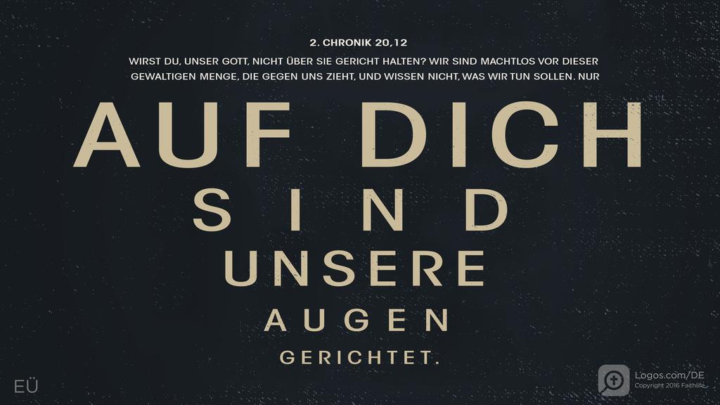 2. Chronik 20,12: WIRST DU, UNSER GOTT, NICHT ÜBER SIE GERICHT HALTEN? WIR SIND MACHTLOS VOR DIESER GEWALTIGEN MENGE, DIE GEGEN UNS ZIEHT, UND WISSEN NICHT, WAS WIR TUN SOLLEN. NUR AUF DICH SIND UNSERE AUGEN GERICHTET.