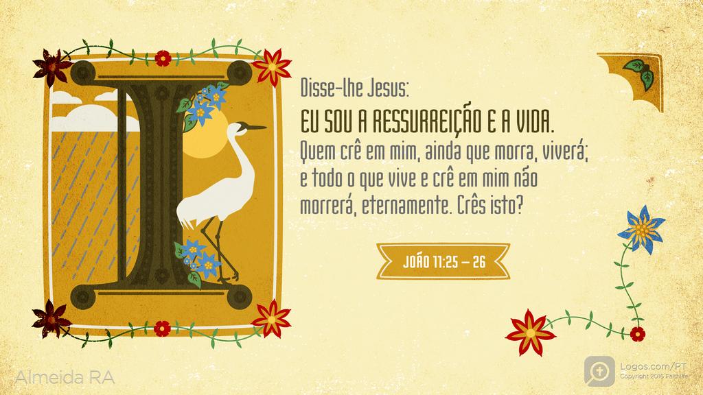 João 11.25–26: Disse-lhe Jesus: EU SOU A RESSURREIÇÃO E A VIDA. Quem crê em mim, ainda que morra, viverá; e todo o que vive e crê em mim não morrerá, eternamente. Crês isto?