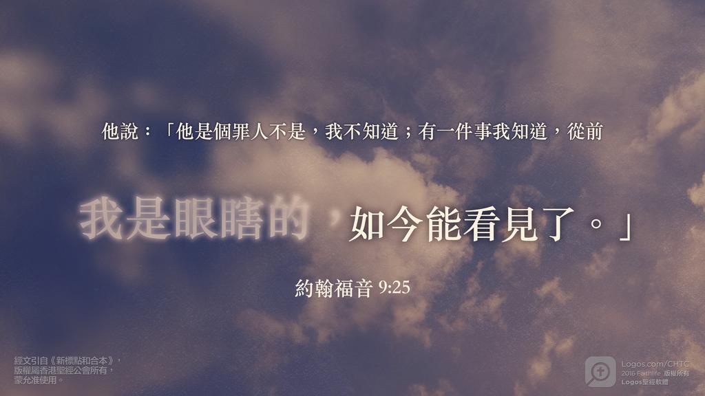 約翰福音 9：25: 他說：「他是個罪人不是，我不知道；有一件事我知道，從前我是眼瞎的，如今能看見了。」