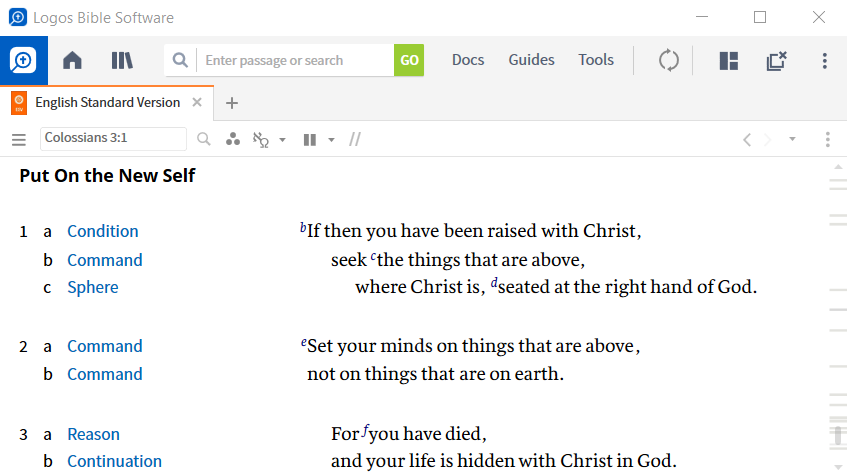 Logos desktop software is open on a computer, with a single pane open to Colossians 3:1 in the English Standard Version. A Visual Filter is applied, which showcases the structure of the passage. 