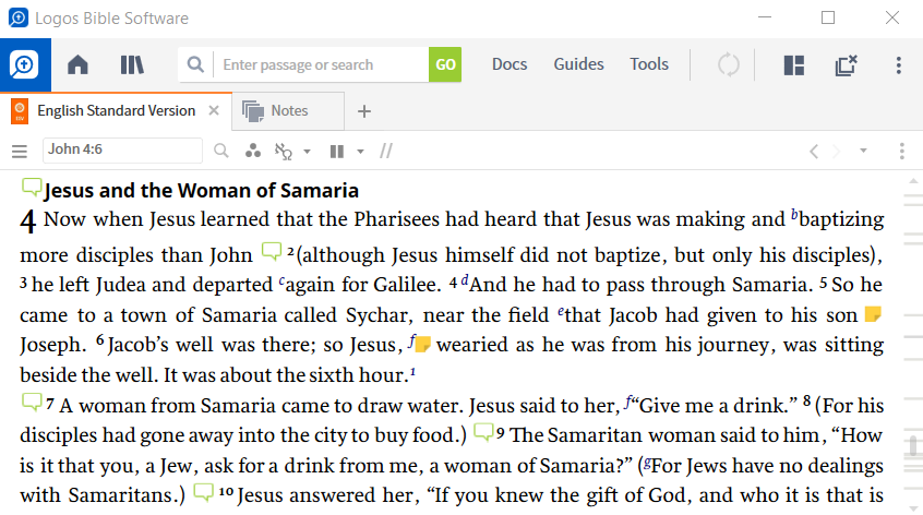 Logos desktop software is open on a computer, with a single pane open to John 4:6 in the English Standard Version. There are speech bubble icons and note icons, which indicate personal notes and notes that others in your Faithlife Groups have shared with you. 