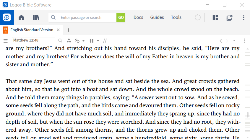 Logos desktop software is open on a computer, with a single pane open to Matthew 12:48 in the English Standard Version. There are no inline icons, footnote markers, or verse numbers, so the user is able to read with no distractions. 