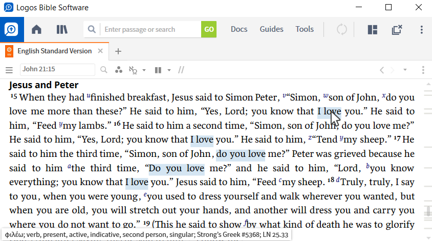 Logos desktop software is open on a computer, with a single pane open to John 21:15 in the English Standard Version. The user is using a visual filter for the phrase ‘I love,’ and Logos is highlighting other instances in the passage that use the same Greek verb. 