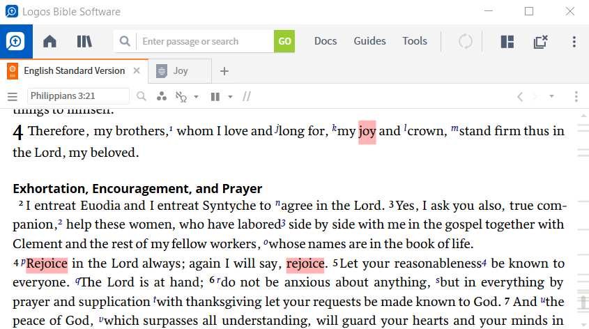 Logos desktop software is open on a computer, with a single pane open to Philippians 3:21 in the English Standard Version. A user-generated Visual Filter is applied, which is highlighting words like ‘joy’ and ‘rejoice’ in a light red color. 