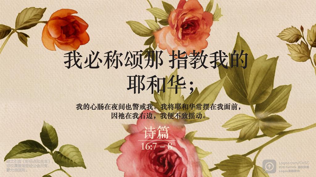 诗篇 16：7–8: 我必称颂那指教我的耶和华；我的心肠在夜间也警戒我。我将耶和华常摆在我面前，因祂在我右边，我便不致摇动。