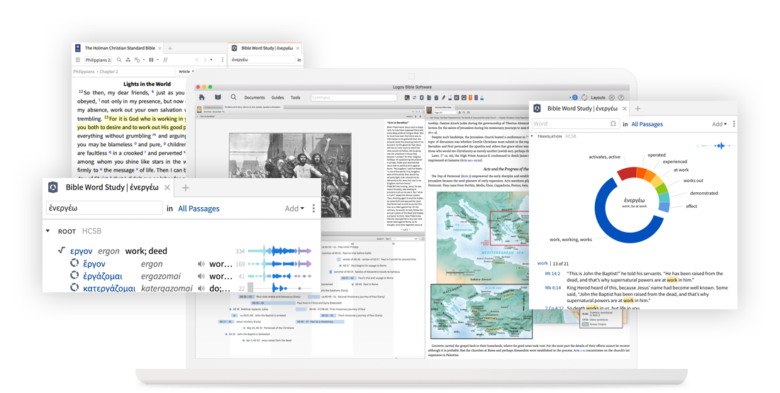 A laptop running Logos Bible Software, with panels open that contain a Bible, a two types of Word Studies, an atlas, and more.