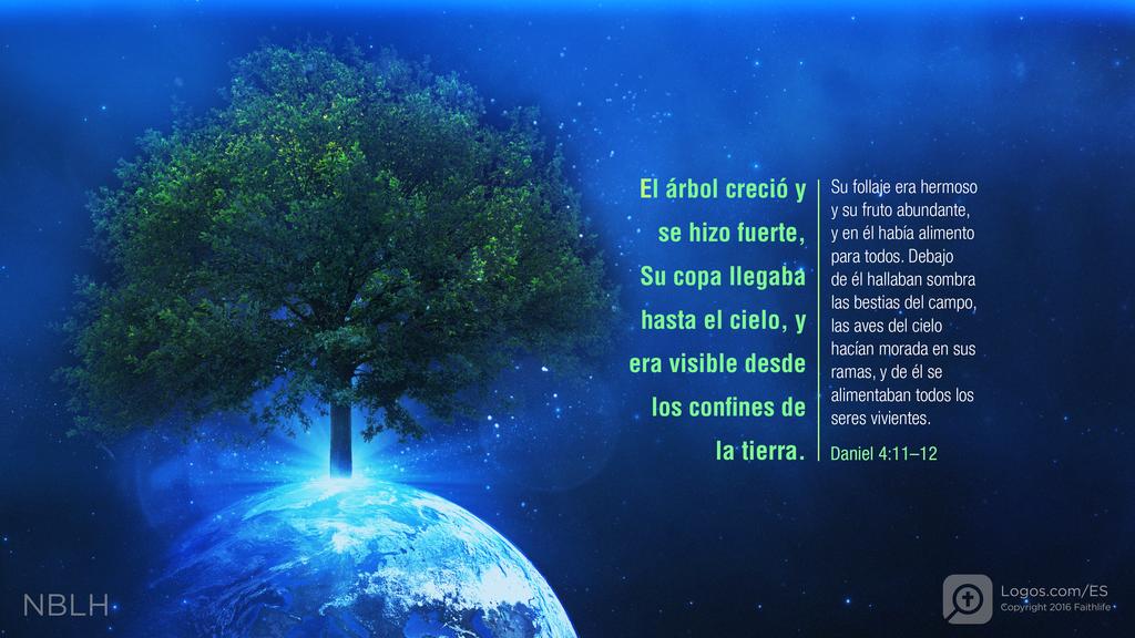 Daniel 4:11–12: El árbol creció y se hizo fuerte, Su copa llegaba hasta el cielo, y era visible desde los confines de la tierra. Su follaje era hermoso y su fruto abundante, y en él había alimento para todos. Debajo de él hallaban sombra las bestias del campo, las aves del cielo hacían morada en sus ramas, y de él se alimentaban todos los seres vivientes.