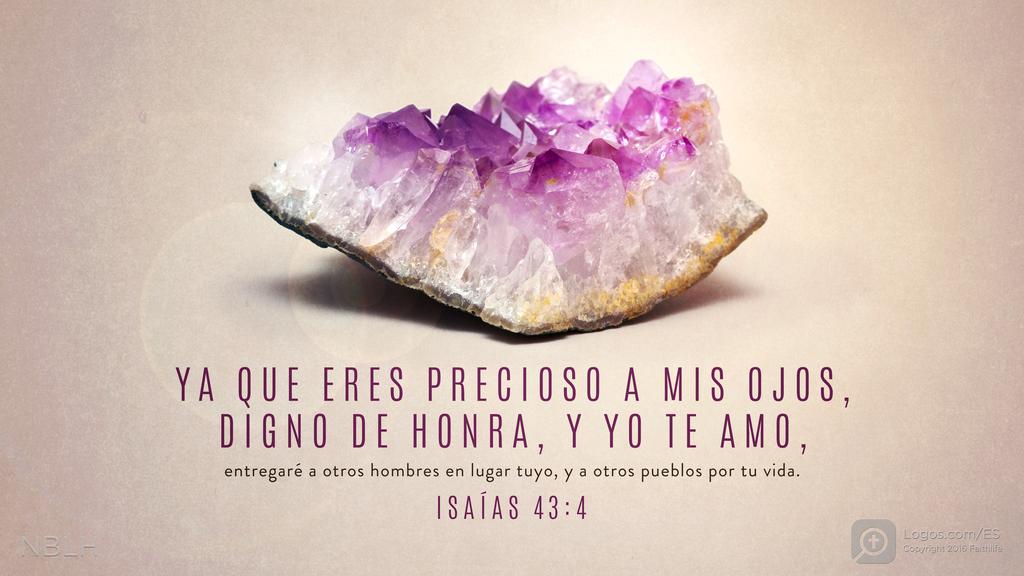 Isaías 43:4: YA QUE ERES PRECIOSO A MIS OJOS, DIGNO DE HONRA, Y YO TE AMO, entregaré a otros hombres en lugar tuyo, y a otros pueblos por tu vida.
