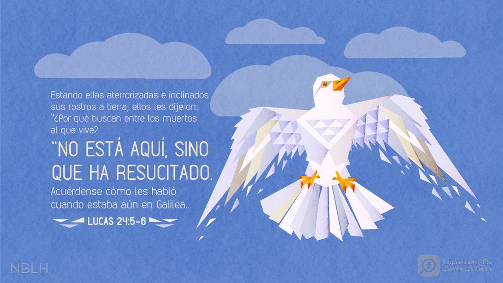 Lucas 24:5–6: Estando ellas aterrorizadas e inclinados sus rostros a tierra, ellos les dijeron: “¿Por qué buscan entre los muertos al que vive? “NO ESTÁ AQUÍ, SINO QUE HA RESUCITADO. Acuérdense cómo les habló cuando estaba aún en Galilea…