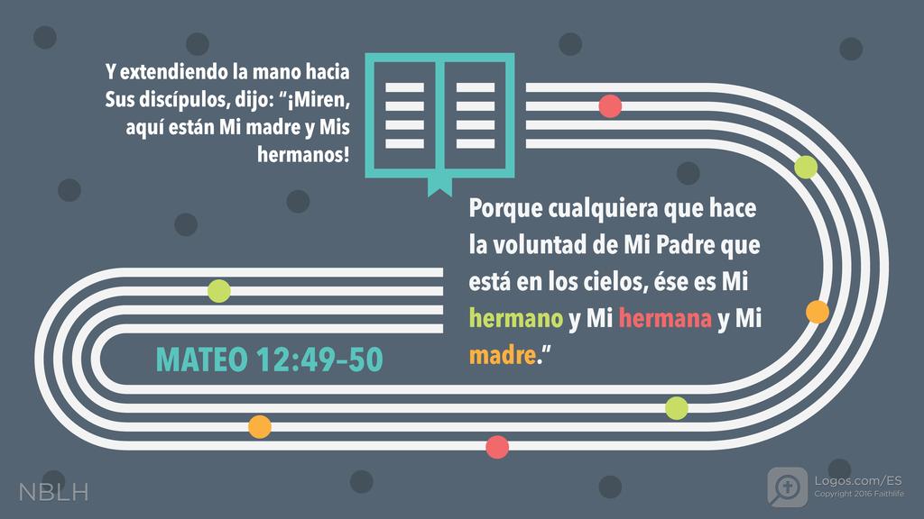Mateo 12:49–50: Y extendiendo la mano hacia Sus discípulos, dijo: “¡Miren, aquí están Mi madre y Mis hermanos! Porque cualquiera que hace la voluntad de Mi Padre que está en los cielos, ése es Mi hermano y Mi hermana y Mi madre.”