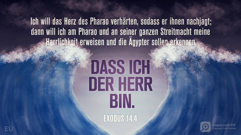 Exodus 14,4: Ich will das Herz des Pharao verhärten, sodass er ihnen nachjagt; dann will ich am Pharao und an seiner ganzen Streitmacht meine Herrlichkeit erweisen und die Ägypter sollen erkennen, DASS ICH DER HERR BIN.