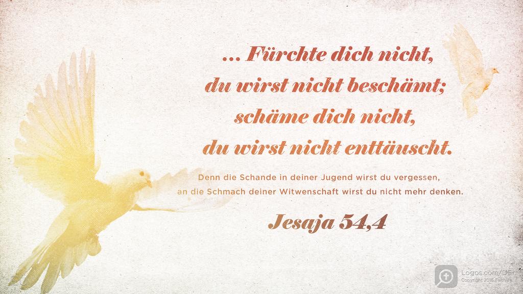 Jesaja 54,4: … Fürchte dich nicht, du wirst nicht beschämt; schäme dich nicht, du wirst nicht enttäuscht. Denn die Schande in deiner Jugend wirst du vergessen, an die Schmach deiner Witwenschaft wirst du nicht mehr denken.