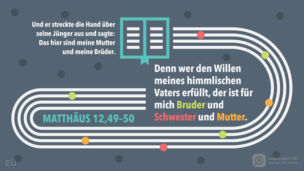 Matthäus 12,49–50: Und er streckte die Hand über seine Jünger aus und sagte: Das hier sind meine Mutter und meine Brüder. Denn wer den Willen meines himmlischen Vaters erfüllt, der ist für mich Bruder und Schwester und Mutter.