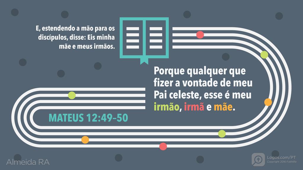 Mateus 12.49–50: E, estendendo a mão para os discípulos, disse: Eis minha mãe e meus irmãos. Porque qualquer que fizer a vontade de meu Pai celeste, esse é meu irmão, irmã e mãe.